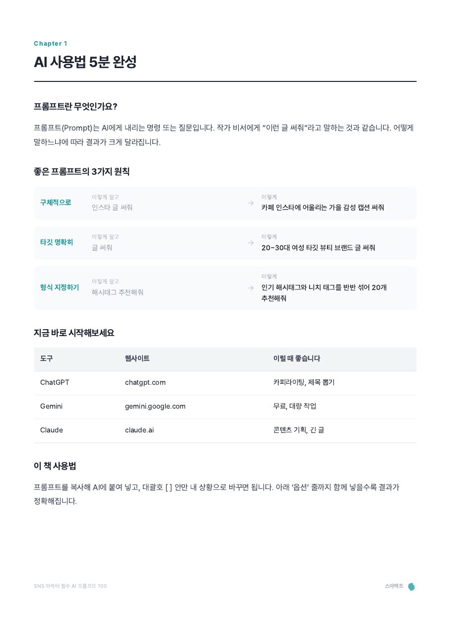 SNS 마케터 필수 AI 프롬프트 100 미리보기 3쪽